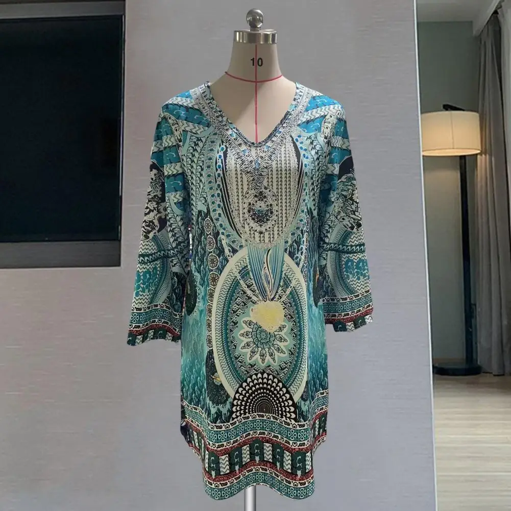 

Printed Dress Ethnic Style Print Women's Summer Midi Dress with Long Sleeves V Neck Soft Breathable Casual Daily Wear for Ladies