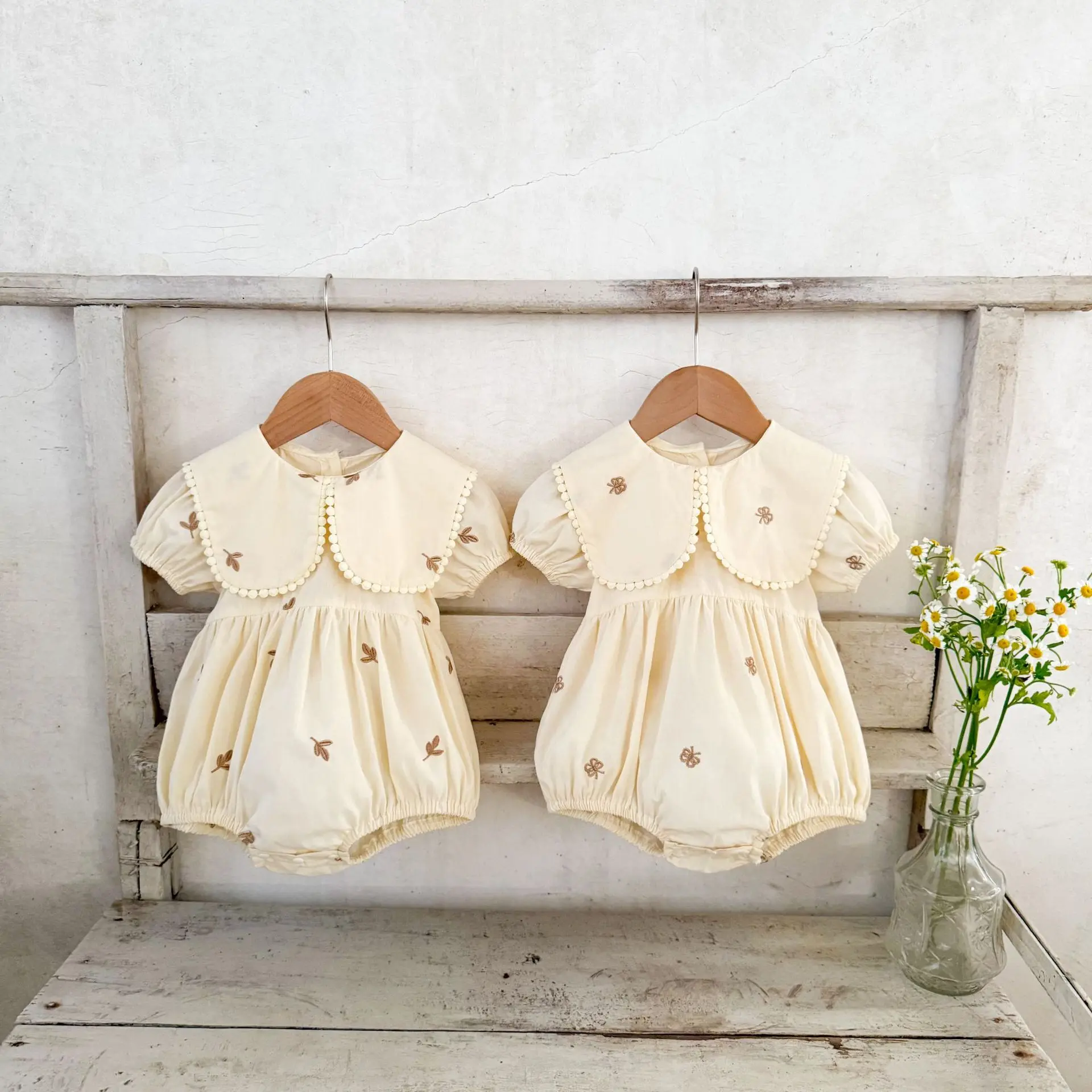 

Ins Korean Version Girls' Baby Pure Cotton Cartoon Embroidery Lapel Short Sleeved Shirt Ha Yi Baby Summer Trend Jumpsuit