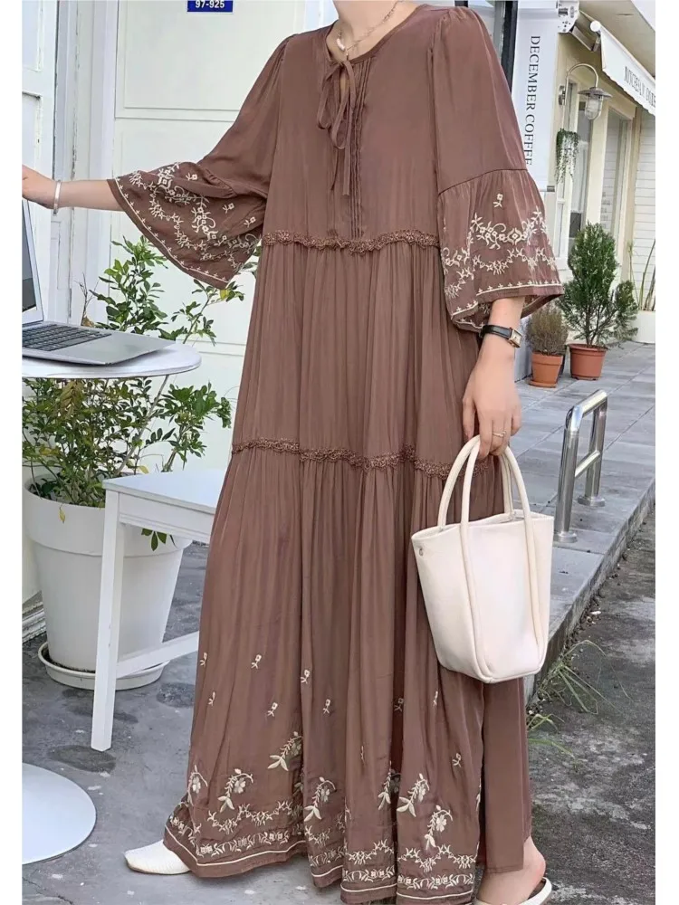 Abito lungo estivo a trapezio da donna ricamato moda volant patchwork pieghettato abiti larghi da donna abito da donna in stile coreano