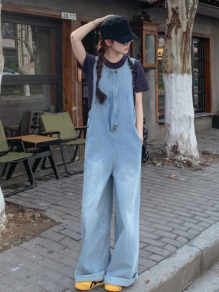 

Blue Denim Overalls Women's Summer 2026 Fashion Casual High Waist Jumpsuit T-Shirt Two-Piece Set Wide Leg Pants Versatile Style
