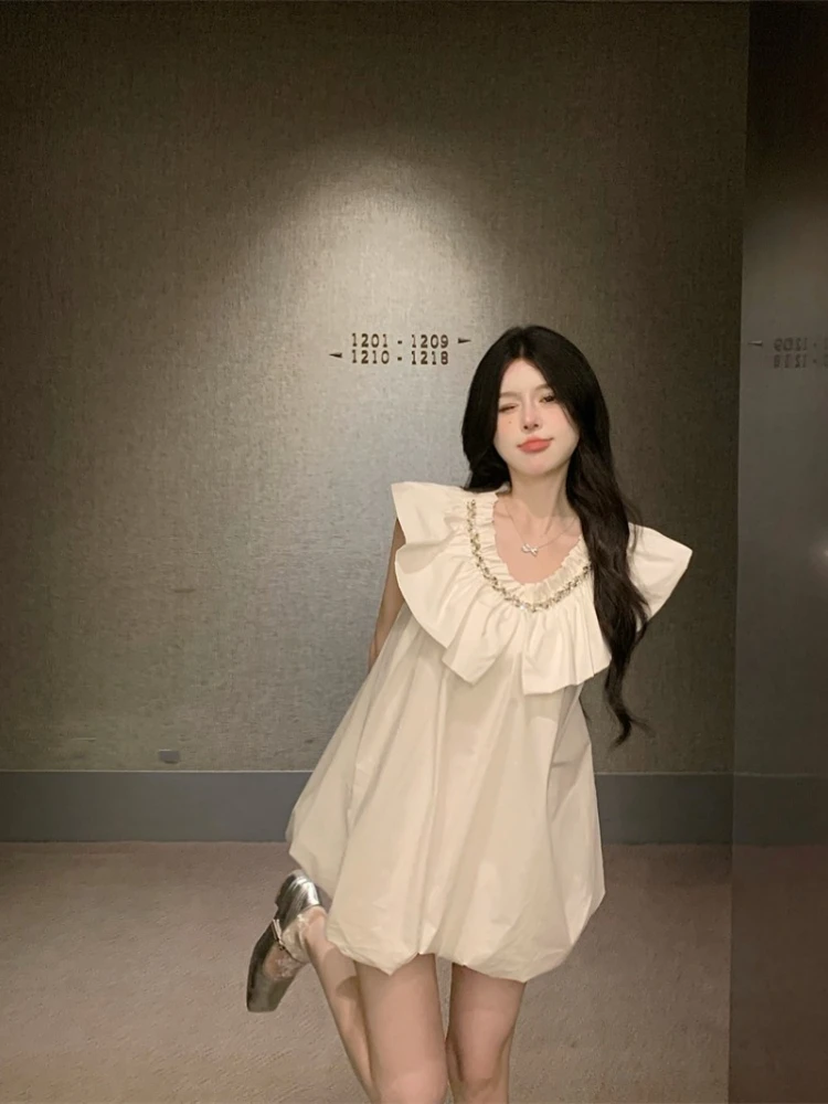 Robe de poupée de luxe à col Lotus clouté en diamant pour femme, mignonne, sans manches, ample, bourgeon, nouvelle collection été, robes courtes décontractées