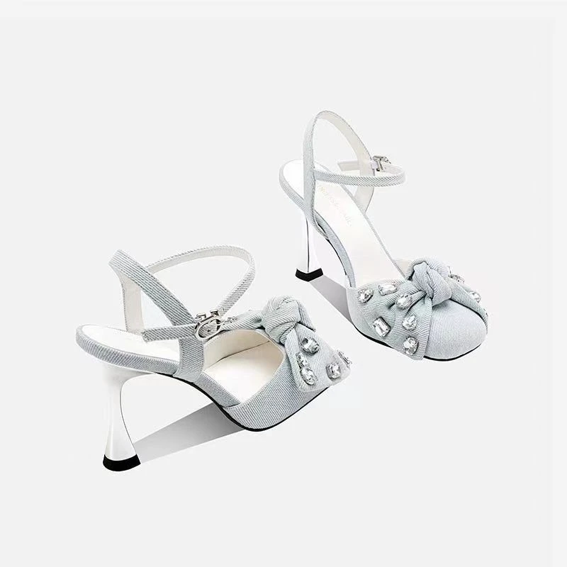 

2025 new sexy slingback sandals summer denim with rhinestones women's slingback sandals elegant bow women's high heels