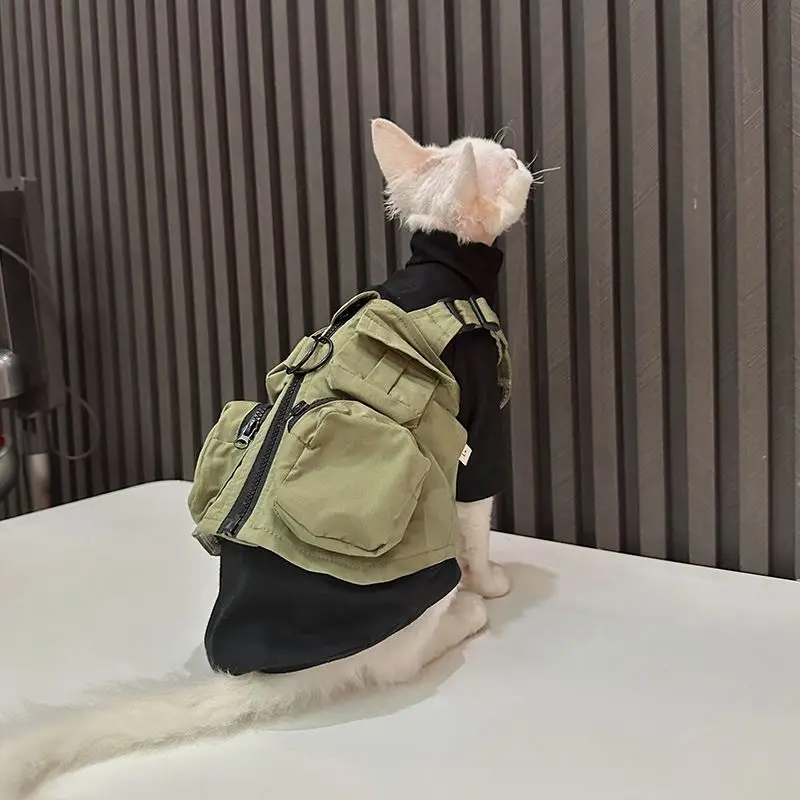 2pcs-cat-clothes-set-black-t-shirt-green-cargo-vest-with-pocket-sphynx-cat-small-dogs-outdoor-outfit-kitten-cats-walking-clothes