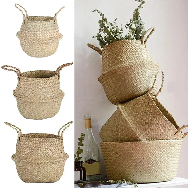 Seagrass Wicker Woven Storage Basket Planting Flower Pot Folding Organizer Laundry Basket Home Garden Belly Mimbre Basket - Image 6
