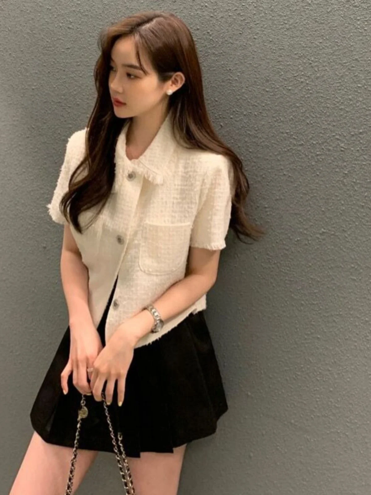 

Chic Retro Collar ort Sve Women's Slim Fit Single Button Ele ort Cardigan Top Commute Sle Spring Faion