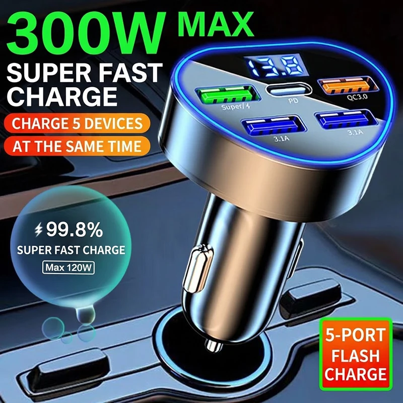 5-Port Car Charger with LED Voltage Display, PD and QC3.0 Fast Charging Adapter, Stable Multi-Device Auto Charger For iPhone 17 view 2