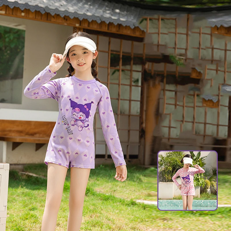 

Anime Sanrio Kuromi Summer New Long-Sleeved Children'S Swimsuit Korean Version Of Ins Swimsuit Water Park Children Cute Swimsuit