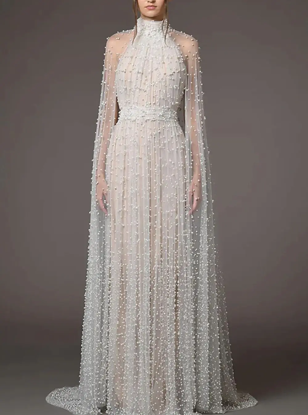 

European and American temperament heavy industry mesh pearl nail pearl long dress evening dress