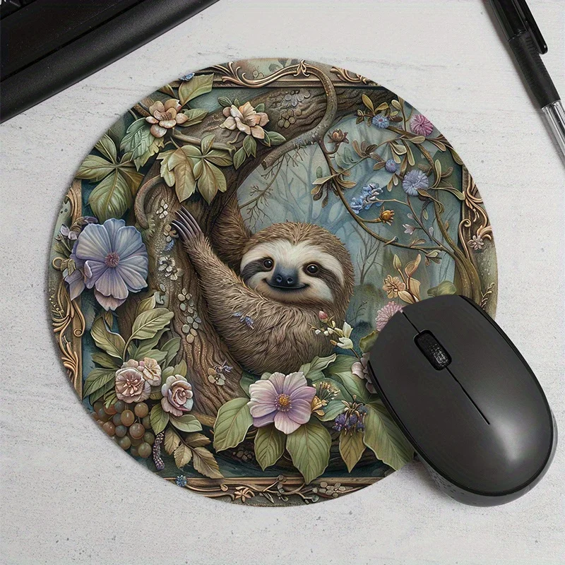 

Circular sloth pattern designed mousepad with bright floral anti-slip rubber base is an office PC accessory suitable for daily