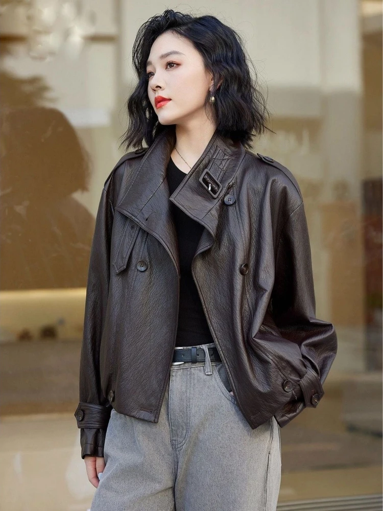 Casual Loose PU Leather Jaet Brown Stand Collar Women's Spring Autumn New Sle Retro Hong Kong Sle Leather Coat