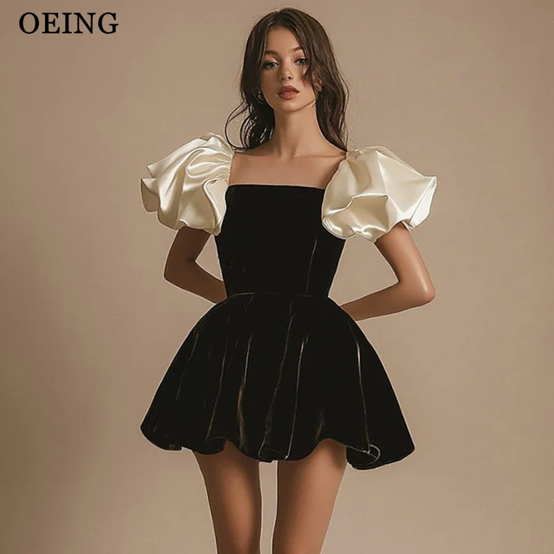 

OEING Modern A-Line Prom Dresses Contrast Color Velvet Mini Satin Ruffle Sleeves Birthday Party Dress Cocktail Dress Customized