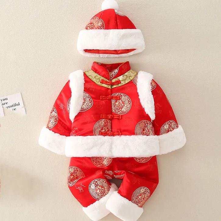 

Kids Baby Traditional Chinese Tang Suit Autumn Winter Thicken Quilted Hanfu Uniform New Year's Clothing Set Photography Clothing