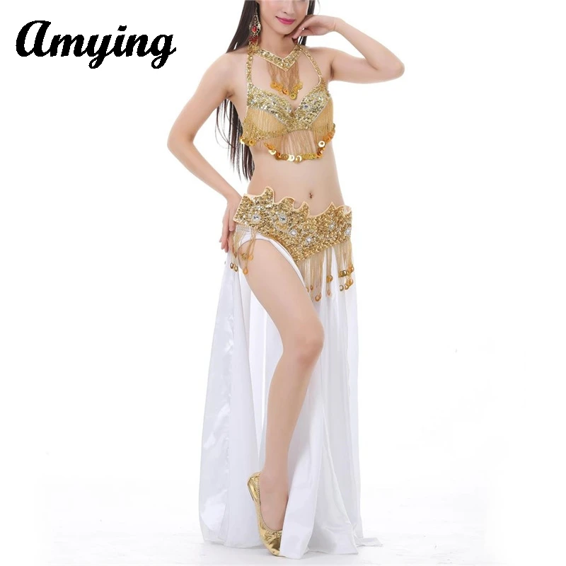 New Women Belly Dance Dress Performance Costume Set Sexy Bra+Belt+Double Split Color Ding Skirt Oriental Dance Practice Suit