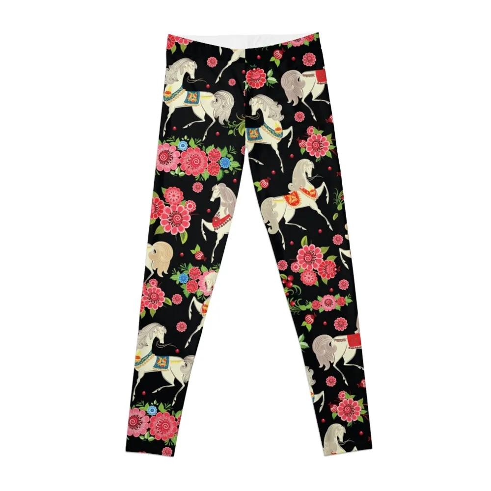 

Dancing Horse with Red Rose Flower in Black Background Pattern Leggings Pants sport Fitness clothing Womens Leggings