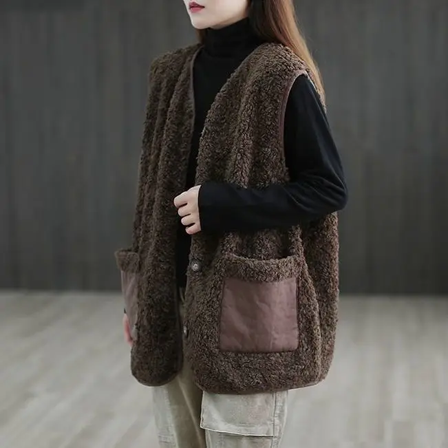 Gilet en velours d'agneau pour femmes, ample, décontracté, artistique, grande taille, Jaet, automne, nouveau Sle, trajet, v-ne, fermeture à bouton unique, Pure C...