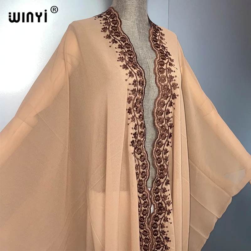 WINYI boho kimono Chiffon embroidery Cardigan sexy  evening dress abaya dubai luxury cover-ups beach outfits women party dress