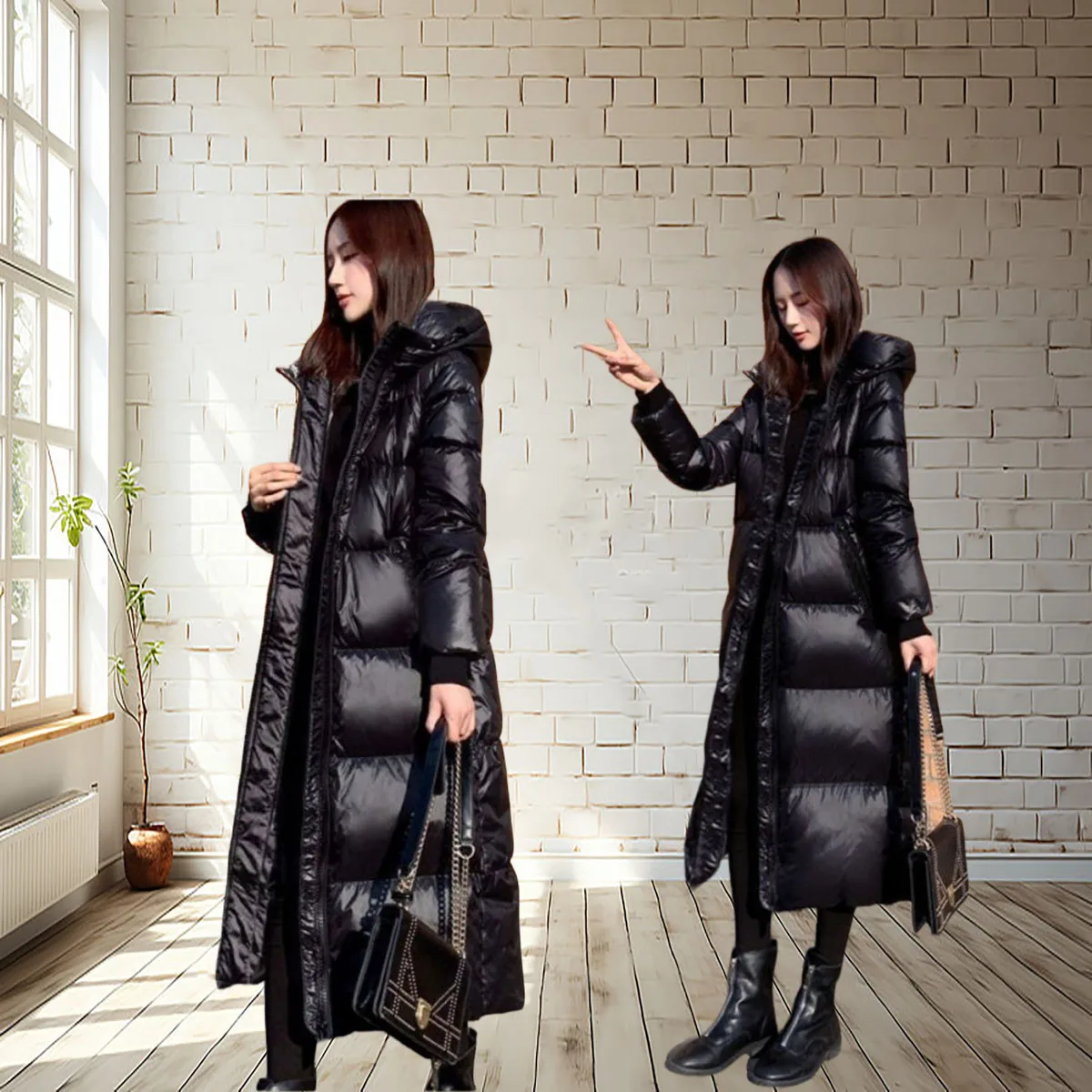 

Black glossy slim down cotton jacket for women, long and thick fashion outerwear
