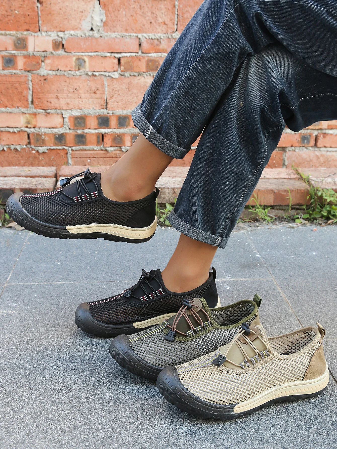 Herren-Schnellverschluss-Wanderschuhe mit Hohlnetz-Design, Gestreiften Ziernähten und Verstärkter Gummikappe für Outdoor und Freizeit – Detail 1