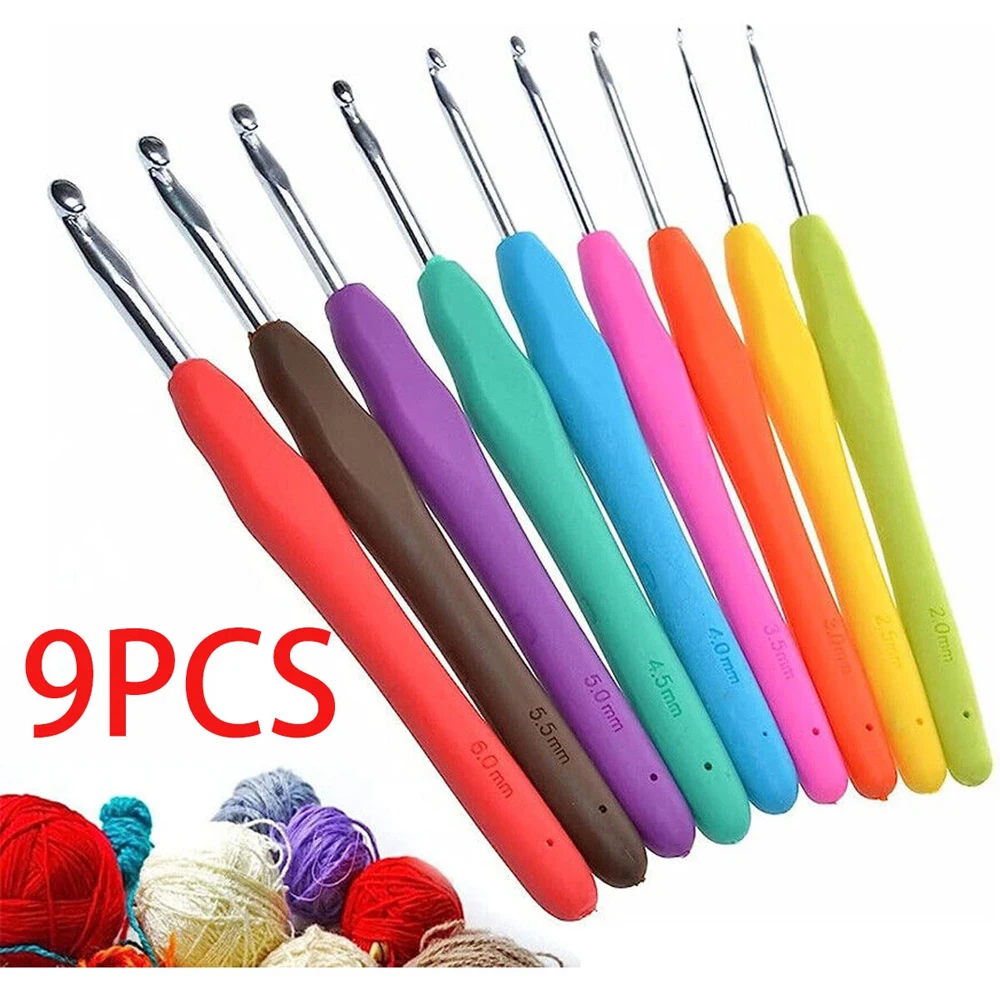 9-teiliges Häkelnadel-Set, weiche Griffe, Stricknadeln, Aluminium, mehrfarbig, DIY-Weberei, Bastelwerkzeug