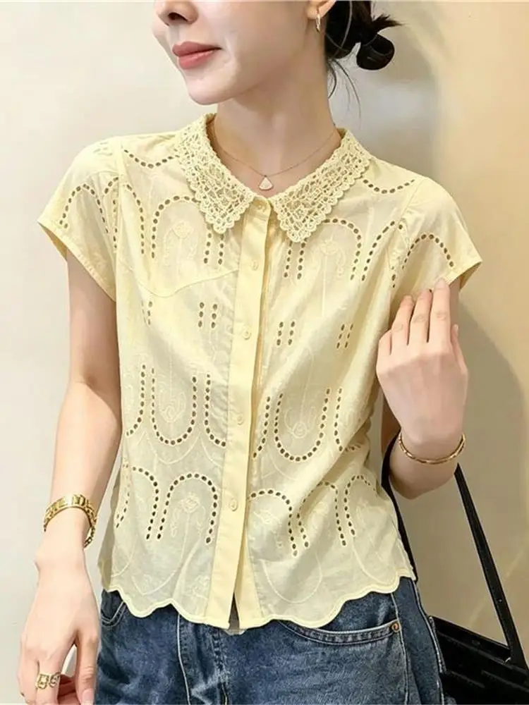 Heavy Embroidery Hollow out Lace Short Sleeve Women's Shirt Spring Commute Style Collar Stand up Top Chinese Style Fashion