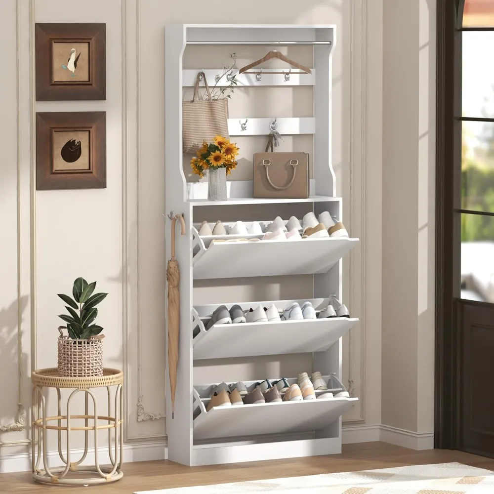 

Tall Shoe Cabinet with Coat Rack, Hidden Shoe Storage Cabinet with Doors & Drawer, Hanging Bar & Hooks,