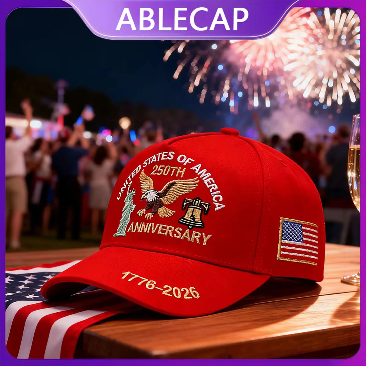 ABLECAP USA 250. Jubiläumsmütze mit Gesticktem Adler und Freiheitsglocke Baseballkappe für Männer und Frauen Patriotische Amerikanische Flagge Snapback-Mütze
