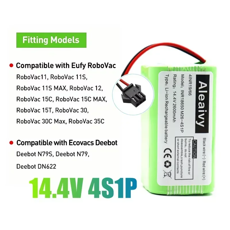 14.4V 2600mAh  for Conga Excellence 990 Ecovacs Deebot N79 N79S DN622622 Eufy RoboVac 11 11S RoboVac 30 Etc.18650 Li-ion Battery