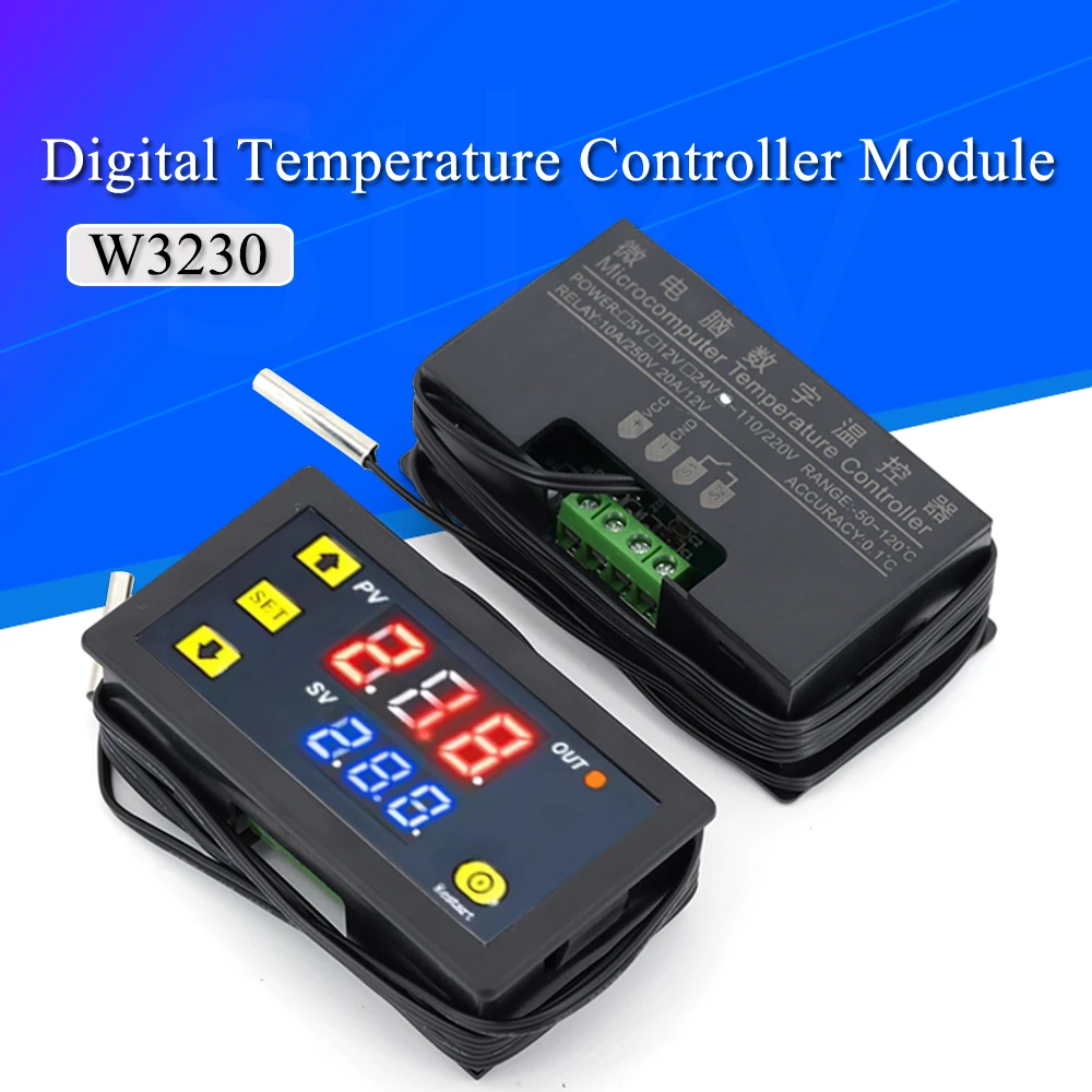 W3230 12V 24V AC110-220V linia sondy 20A cyfrowa kontrola temperatury wyświetlacz LED termostat z przyrządem sterującym ciepłem/chłodzeniem