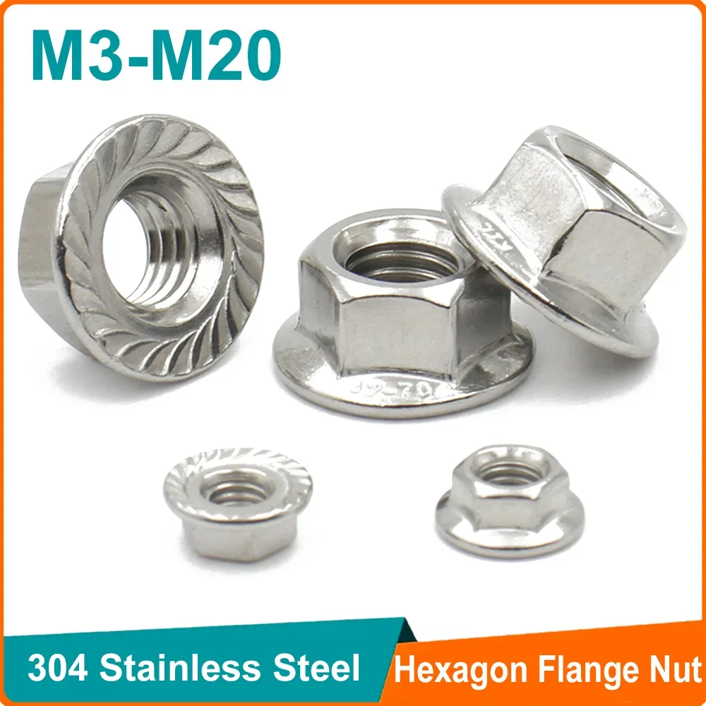 10pcs 304 Stainless Steel M3 M4 M5 M6 M8 M10 M12 M14 M16 M20 Hexagon Flange Nut Pinking Slip Locking Lock Nut DIN6923