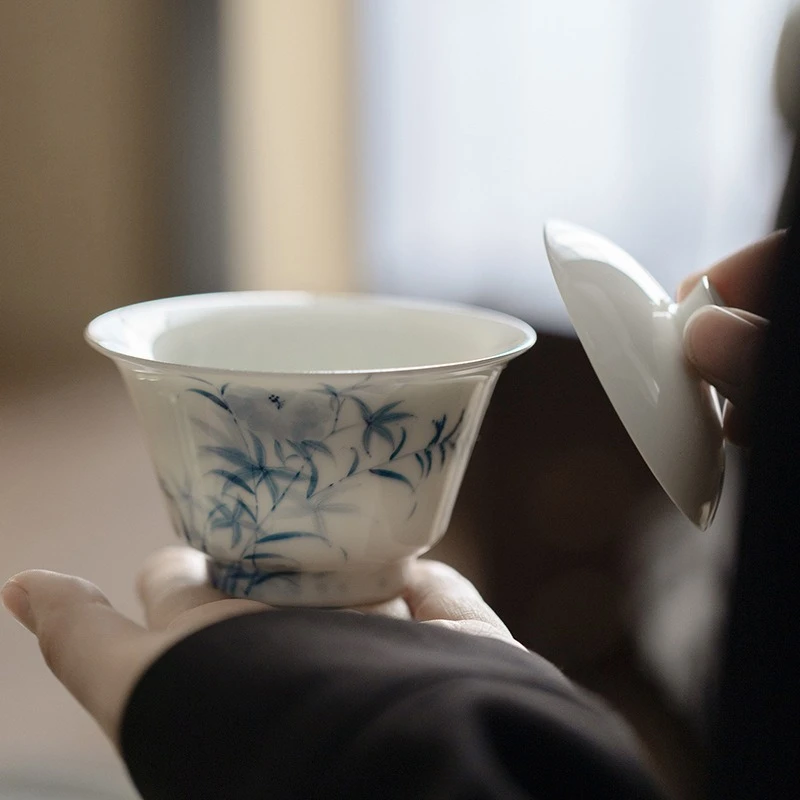 Handmade Jingdezhen Blue White Gaiwan Kung Fu Tea Set Thin Wall Silver Rim Tea Cup Tasting Bowl Porcelain