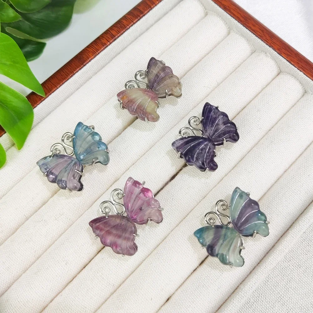 Reiki Healing Natural Crystal Coloorful Fluorite Butterfly Adjustable Ring for Women Fashion Jewelry Gift