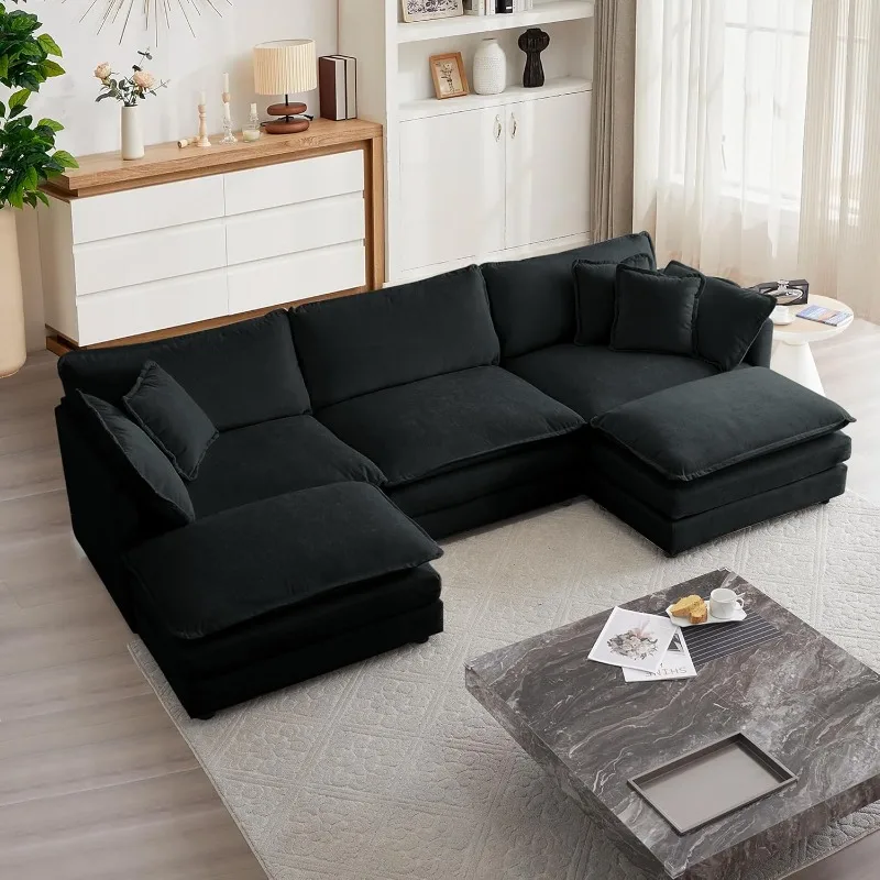 Modular Sectional Sofa, 111.5 Inch U Shaped Couch Set for Living Room, 3-Seater Comfy Cloud Couches with Movable Ottoman