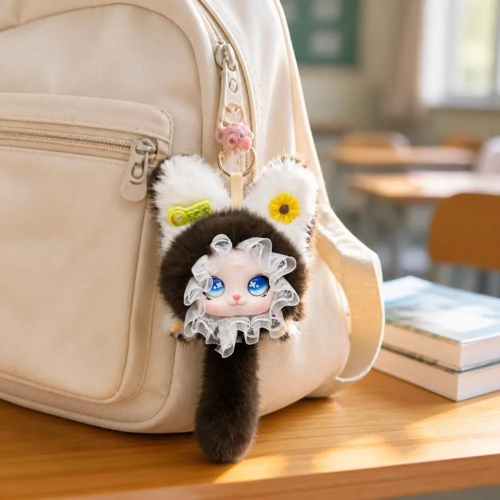 Cute Long Tail Plush Cat Keychain Lace Border Hanging Charm Furry Cat Pendant Kawaii Ornaments Bag Decoration Gift