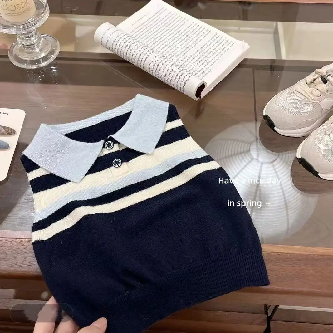Girls Summer Set New Fashion Children's Polo Neck Knitted Sleeveless Top And Plaid Skirt Two-Piece Set Kids Outfit