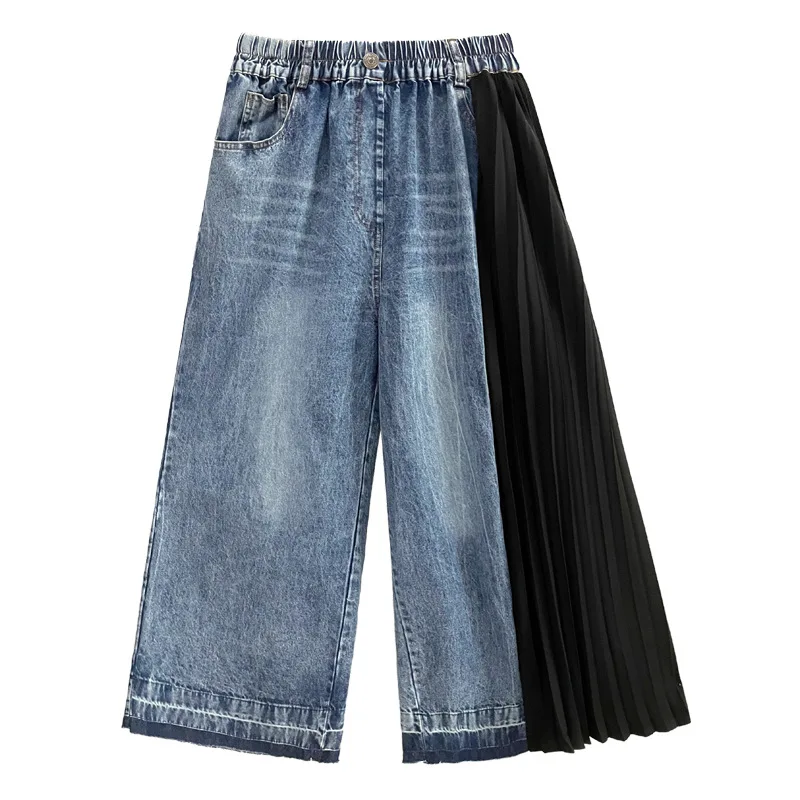 2026 nieuwe mode dames retro HK-stijl kleurblokken patchwork geplooide jeans zomer stijlvolle losse rechte casual enkelbroek