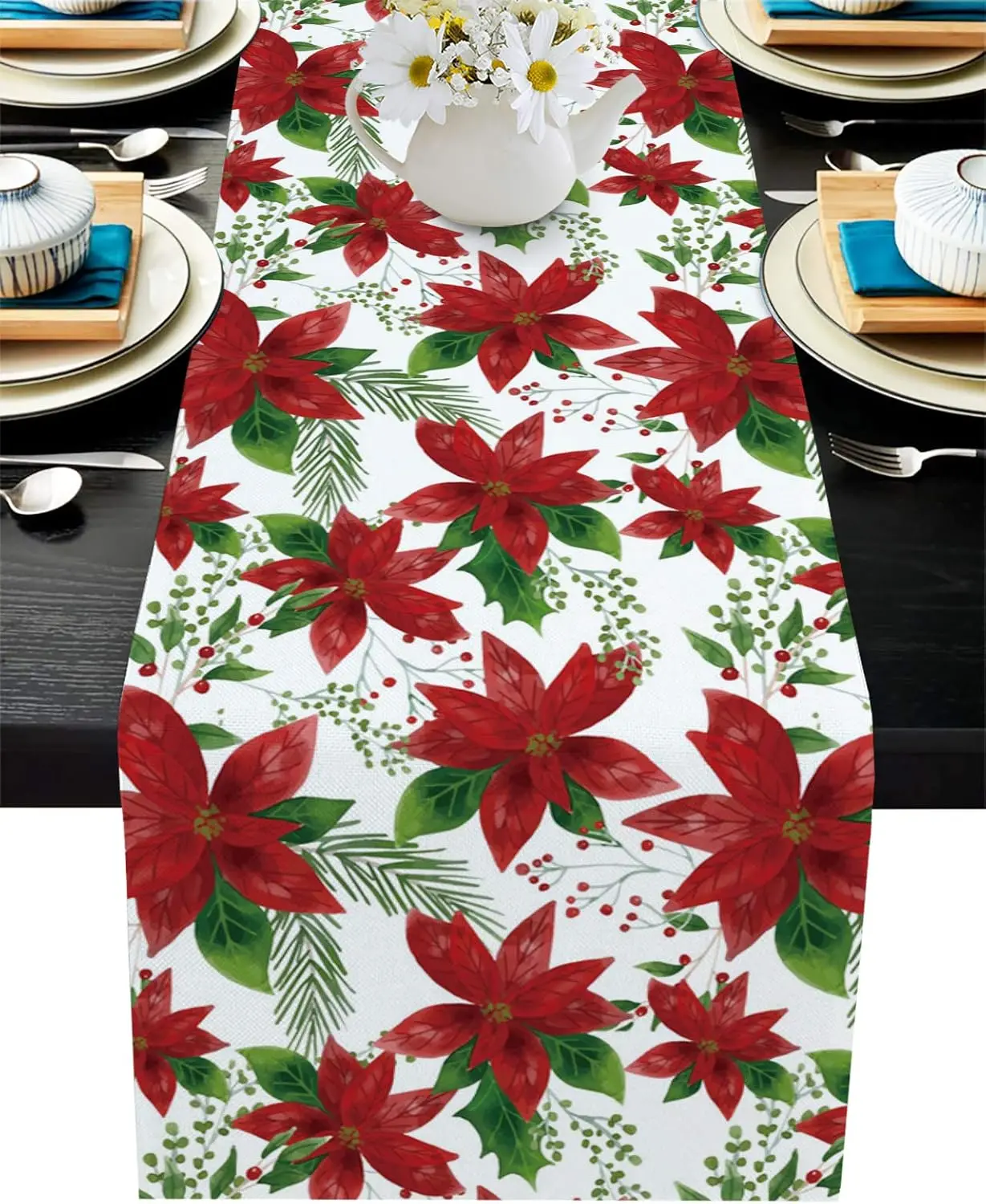 

Christmas Poinsettia Flowers Linen Table Runner Party Decor Winter Xmas Holly Berry Kitchen Table Runners Christmas Decorations