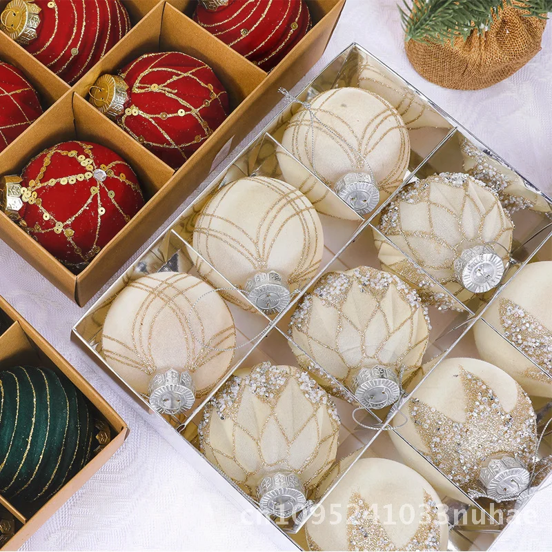 

Набор красочных флокированных рождественских шаров со стразами - ручная роспись, круглые украшения диаметром 8 см для украшения елки, белый, красный, темно-зеленый