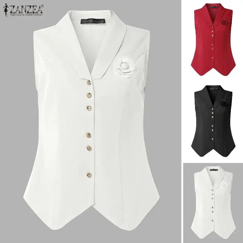 Damen Sommer-Tanktops von ZANZEA, elegant, stilvoll, ärmellos, einfarbig, OL-Arbeitsbluse, lässig, unregelmäßiger Saum, Blusas, einfarbig, Hemd mit Knöpfen