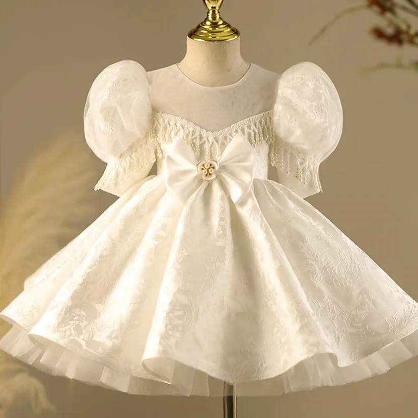 

Children Boutique Princess Evening Gown Bow Pearls Puff Sleeve Design Wedding Birthday Baptism Party Girls Dress A3270