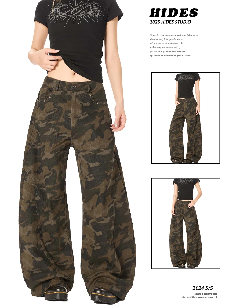 HIDES Pantaloni mimetici retrò americani Hiphop Sciolto drappeggio dritto Casual Coltello a gamba larga Alla moda Vita alta Lungo cotone Wo...