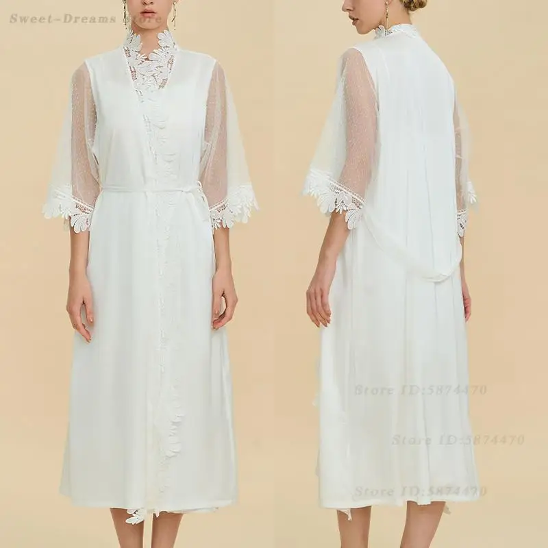 Nightgown Women's Sexy Summer Bathrobe Kimono Gown Lace Solid Color Long Robe Loose Comfortable Sleepwear Lingerie Home Dress