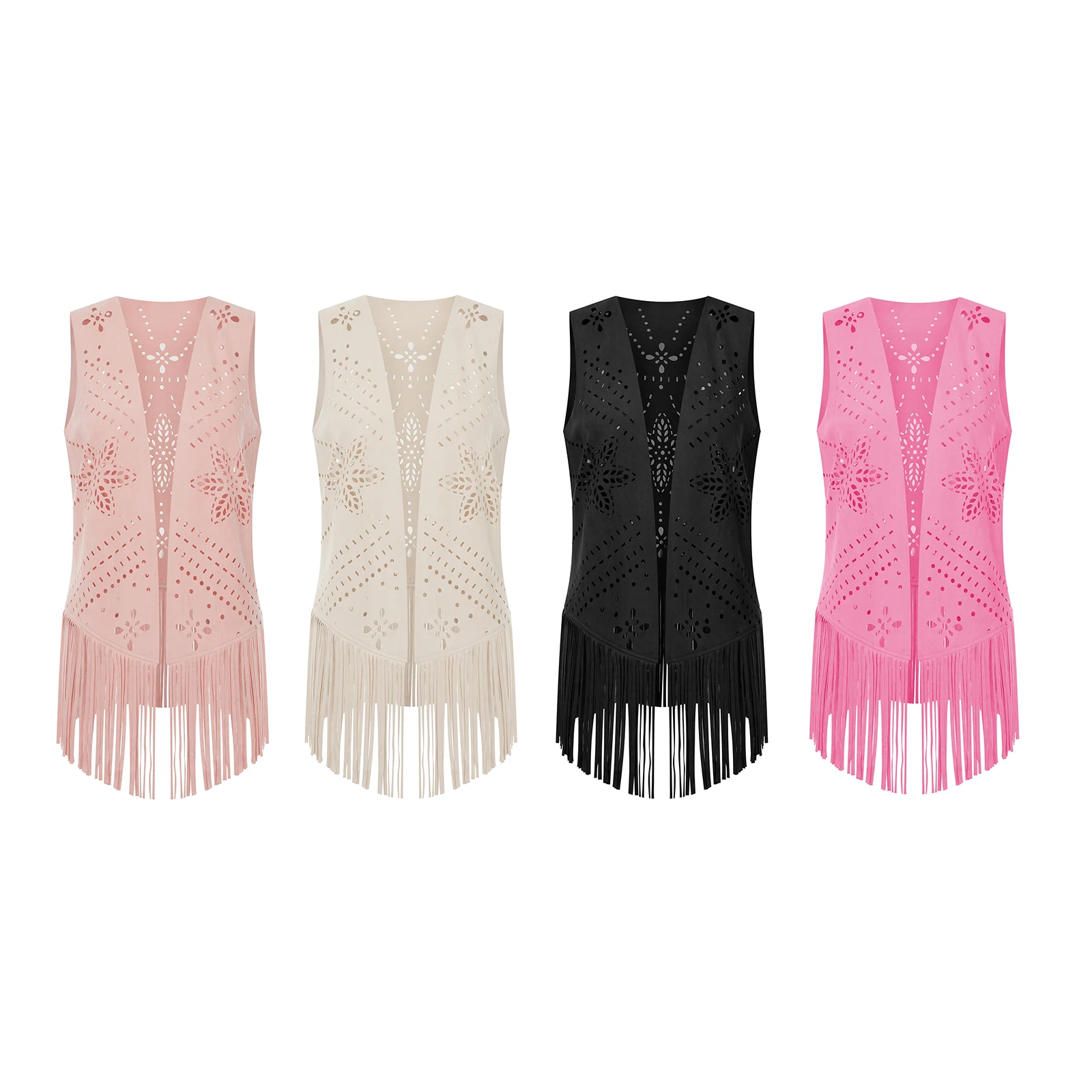 

Combhasaki Women Summer Retro Tassel Hem Vests Cowgirl Flower Hollow Out Sleeveless Cardigan Solid Color Open Front Outwear Tops