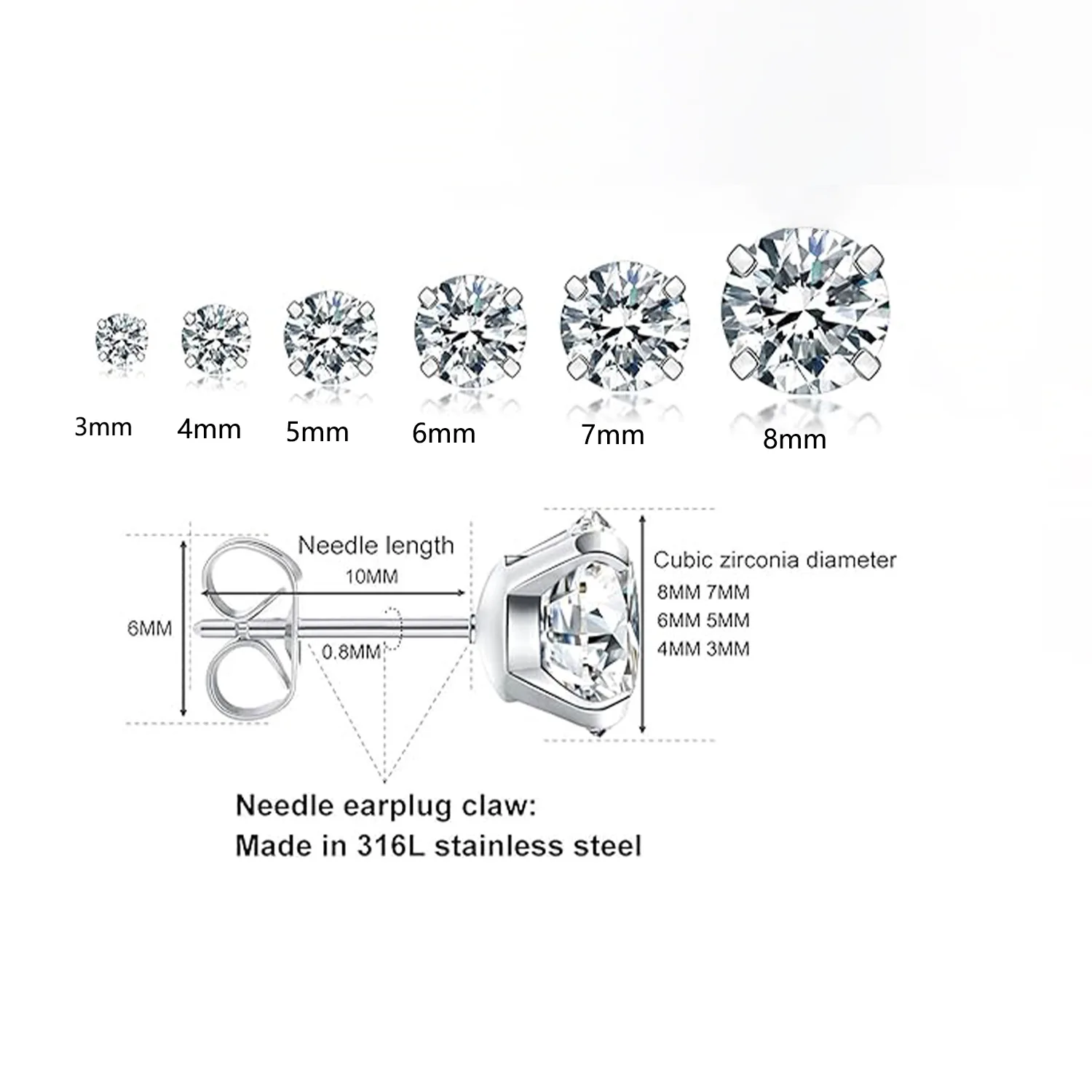 Stainless Steel Stud Earrings Classical New Double Zircon Design Push Up White Color For Men Women For Choose 2mm 3mm