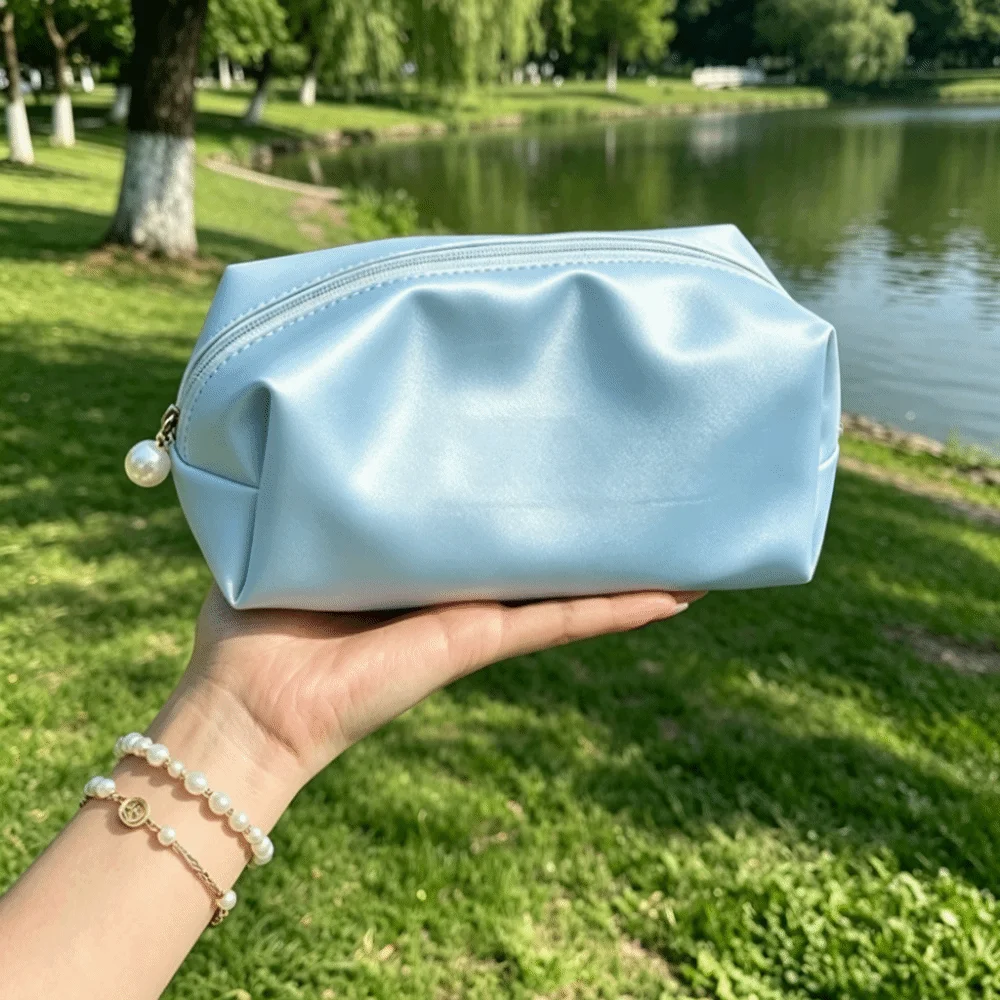 Portable Makeup Bag Solid Color Simulated Silk Fabric Cosmetic Storage Bag Thickened Pearl Zipper Pull Design