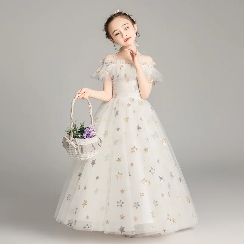 Robe de luxe pour filles de 3 à 12 ans, tenue de soirée blanche avec étoile, motif floral