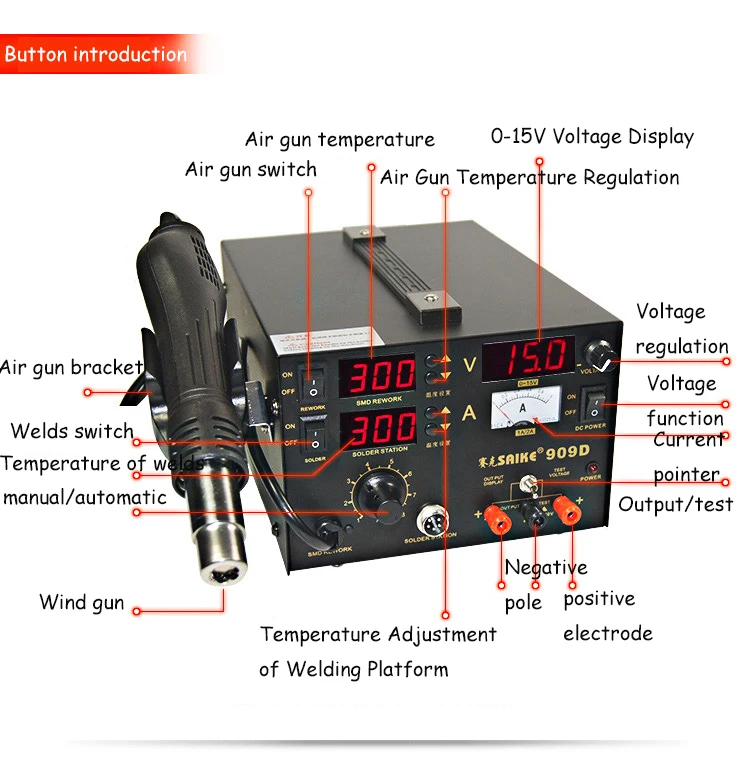 Repair Rework Station SAIKE 909D Soldering Station Supply Rework Station 3 In 1 Heat Gun Desoldering Station
