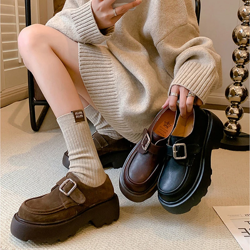 

Women's new leather cowhide cow suede round toe high-heeled metal belt buckle college single shoe thick sole retro casual shoes