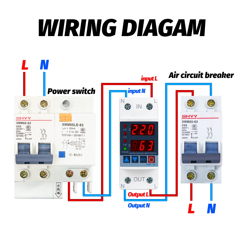 New Dual Display Din Rail Volt Amp Protection 220V 230V 40/63A Adjustable Over Under Voltage Protective Current Protector Relay