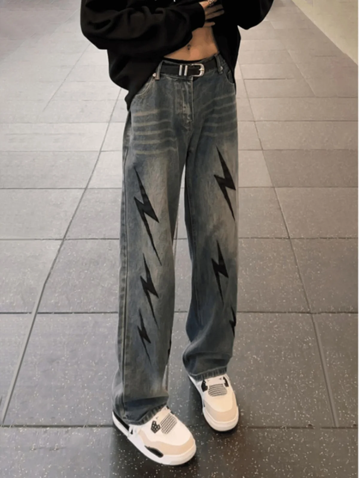 

American Sle Men's Jeans Autumn Winter Loose Straight Leg Wear Resistant Embroidery Lightning Label Trendy Street Sle