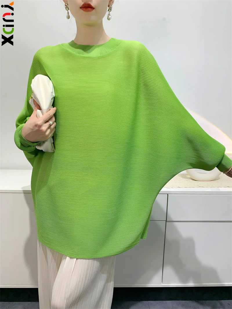 

YUDX Pleated T Shirt Women Full Batwing Sleeve Loose Solid Color Stand Collar Versatile Casual Female New 2024 Clothing